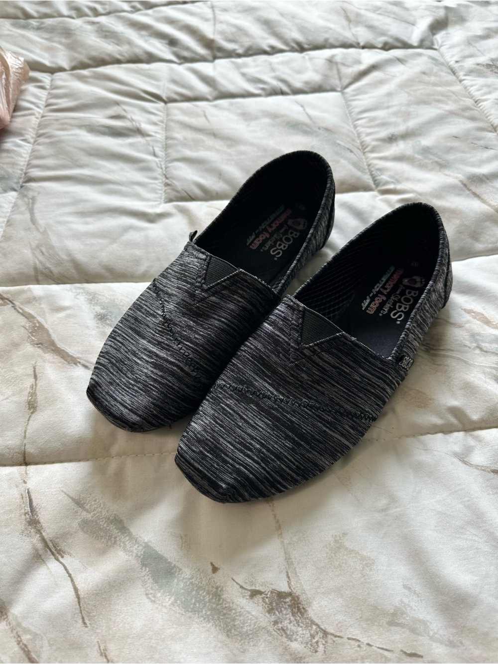 BOBS By Skechers women Size 8.5 Canvas Slip On Flats Heathered Gray black stripe